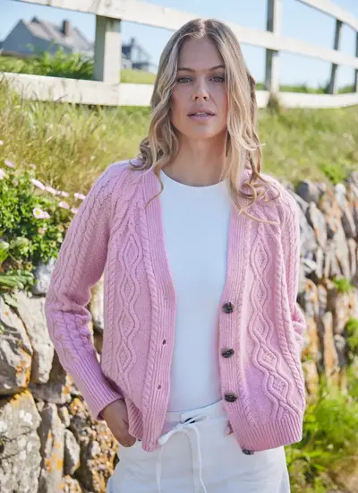 Evie Cashmere V- Neck Aran Cardigan 